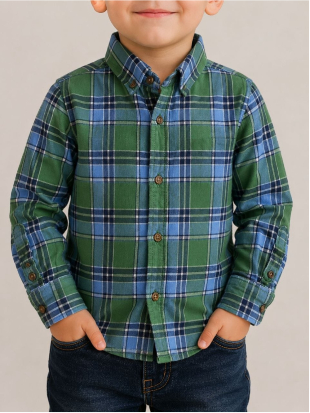 Carter's Boys Plaid Button Down Shirt Size 3T Green Blue 100% Cotton